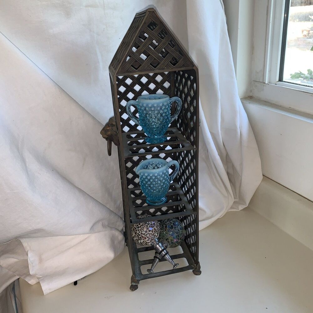 Vintage SF Bay Trading Co Brass lion’s Head Basketweave Tri-level Display Shelf